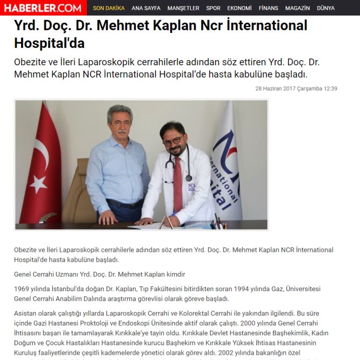 Yrd. Doç. Dr. Mehmet Kaplan Ncr İnternational Hospital'da
